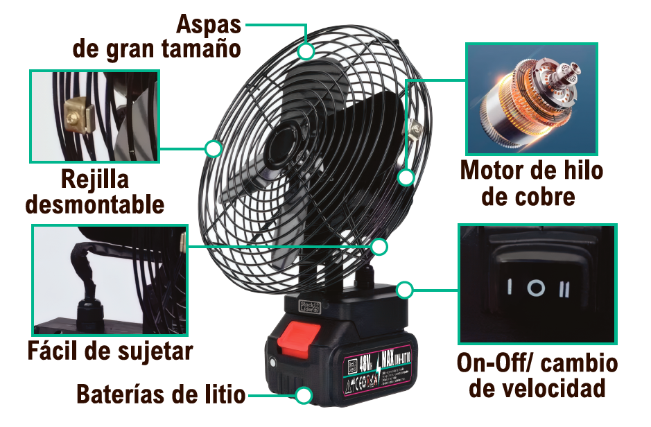 VENTILADOR PORTÁTIL A BATERÍA - RECARGABLE CON 3 VELOCIDADES Y BASE AJUSTABLE