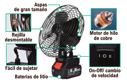 VENTILADOR PORTÁTIL A BATERÍA - RECARGABLE CON 3 VELOCIDADES Y BASE AJUSTABLE